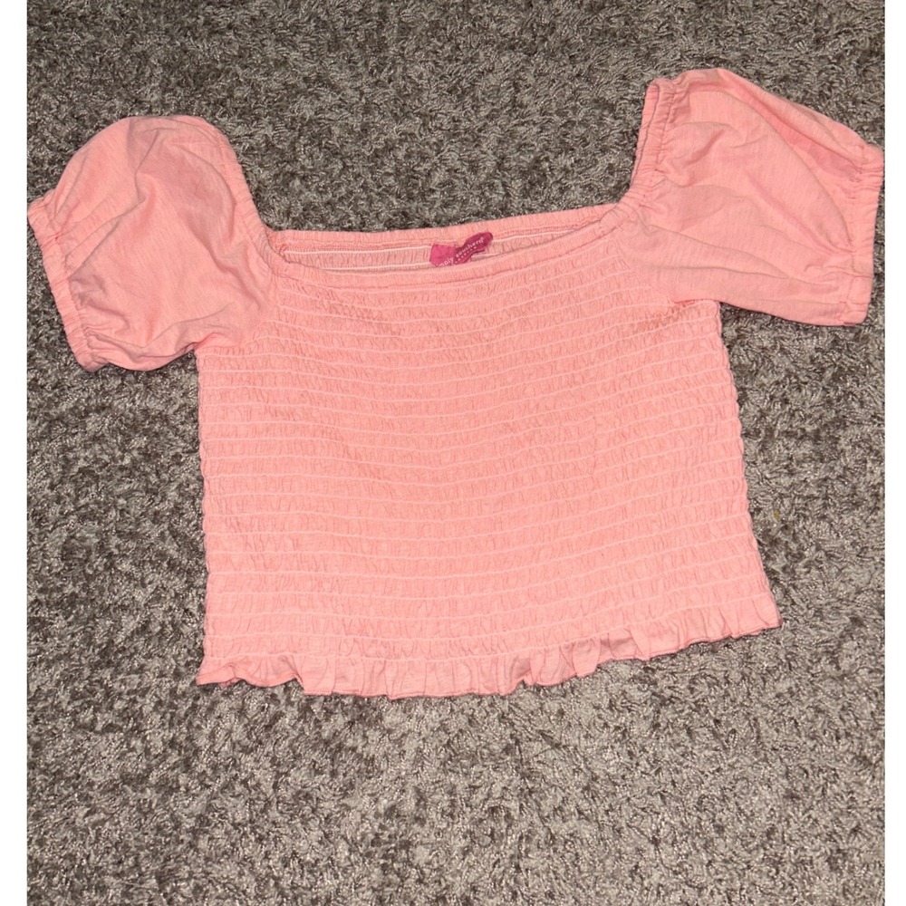 Simply Southern Smocked Top Puff Sleeve Cropped‎ Ruffle Hem Pink NO SIZE TAG M